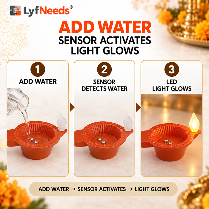 Water Sensor LED Diya Lights – Pack of 12 Reusable Electric Diyas for Pooja, Diwali & Home Decoration