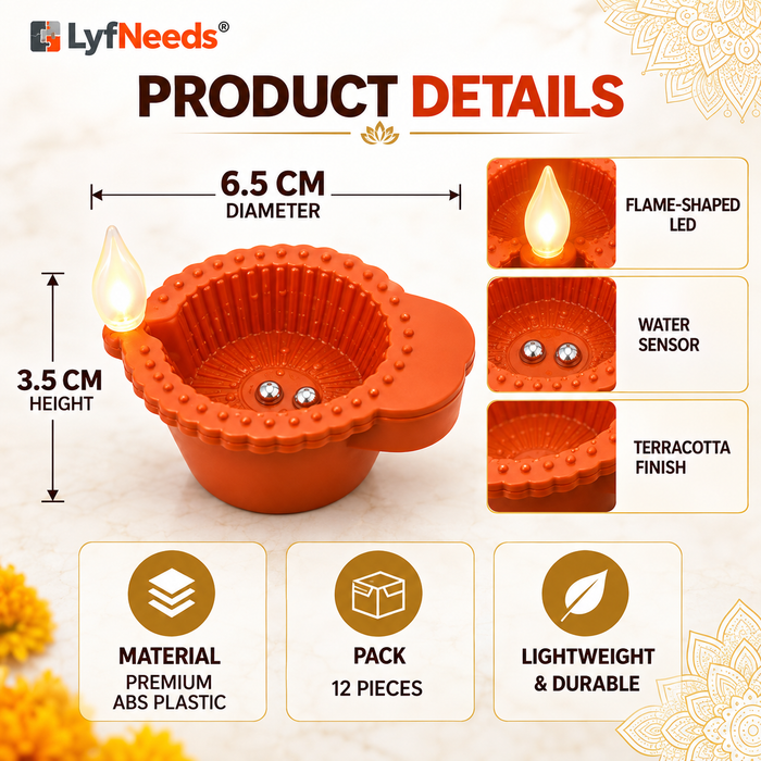 Water Sensor LED Diya Lights – Pack of 12 Reusable Electric Diyas for Pooja, Diwali & Home Decoration