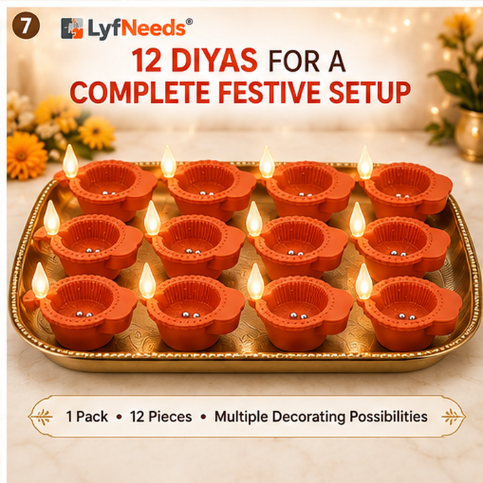 Water Sensor LED Diya Lights – Pack of 12 Reusable Electric Diyas for Pooja, Diwali & Home Decoration