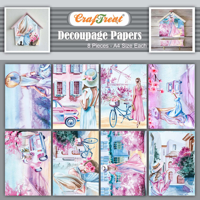 CrafTreat Decoupage Paper Women with Blooms 8Pcs A4