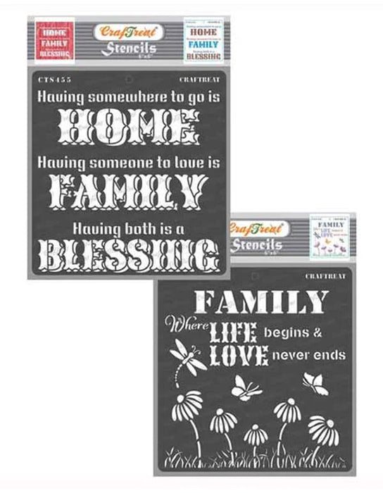 CrafTreat Family Stencil and Family Love Stencil Quotes 6x6 Inches Double Set