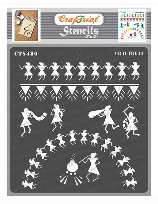 CrafTreat-12x12-inch-Warli-Painting-Border-Design-Stencil-for-Wall-Decor-and-Craftworks