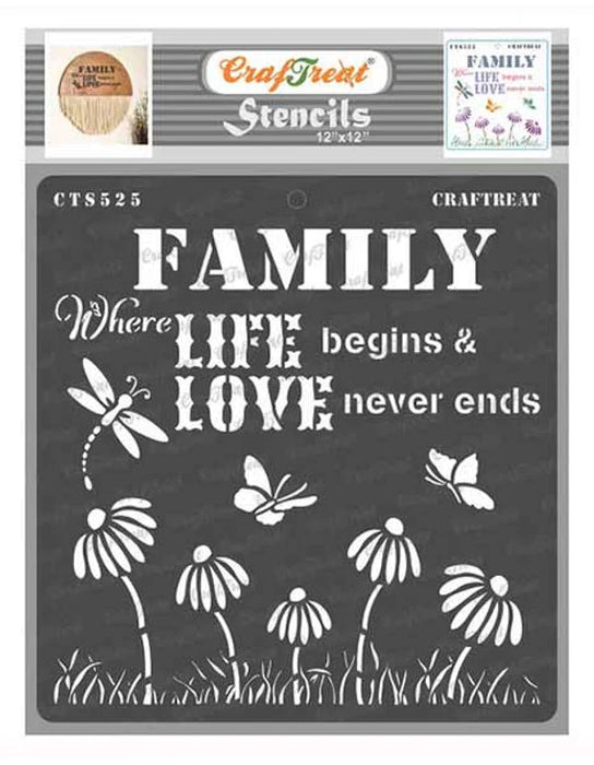 CrafTreat Family Where Life Begins and Love Never Ends Stencil 6x6 Inches for Painting on Wall