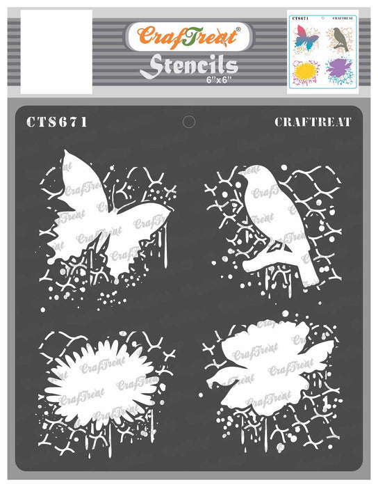 CrafTreat Grunge Flowers and Butterflies Stencil 6x6 Inches