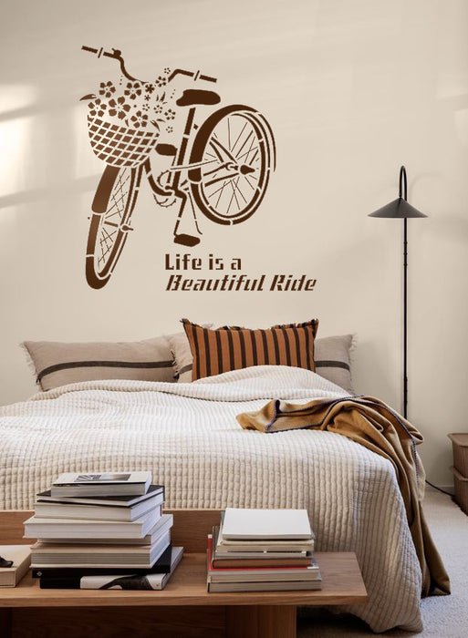 CrafTreat Bicycle Stencil, Life is a Beautiful ride stencil for paintings - Word Art stencil, Bicycle basket with flowers Stencils for walls 23x23 Inches