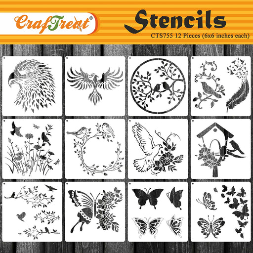 CrafTreat 12Pcs of Butterfly and Bird Flower Stencil for Scrapbook Paintings,  DIY Crafts cts755