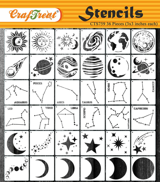 CrafTreat 36Pcs of Sun, Star, Moon Constellation Stencils for Kids Drawing and School Projects CTS759