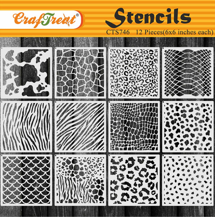 CrafTreat 12Pcs Animal Skin Print Cookie Stencil for Cake Paintings,  Reusable Snake Leopard and Zebra skin Stencil for Craft Paintings, Alligator skin for Wood, furniture canvas and Fabric, Cardmaking, Cheetah Stencil for Scrapbooking
