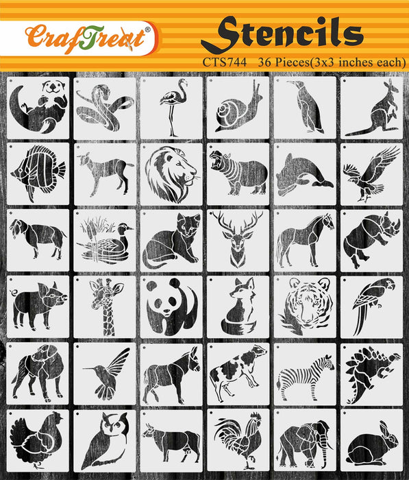 CrafTreat Animal Painting Stencils Reusable Animal Stencils for Painting on Wood Rocks Canvas Fabric Glass cards and other Crafts _ 36Pcs Wild Animals Set Stencils 3x3 Inch