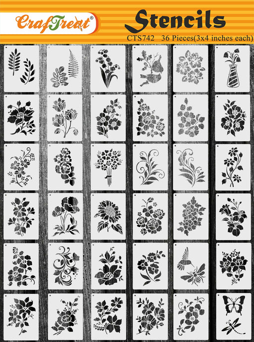 CrafTreat 36pcs 3x4 Inch Flower Stencil for Paintings _ Floral, rose, sunflower, lotus stencil Template for arts and crafts. Reusable Flowers stencil design painting on wood, Furniture, wall, cards and more.