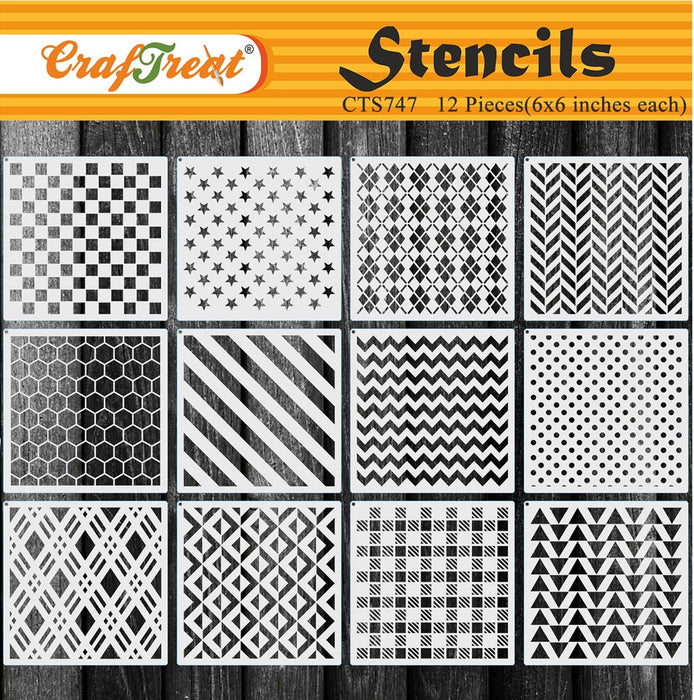 CrafTreat 12pcs Geometric Pattern Stencils for Paintings, Small Polka Dot stencil and Scandinavian stencil for Crafts, Woods, Furniture, Modern Pattern Stencil 6x6 Inches _ Chevron Pattern stencil  