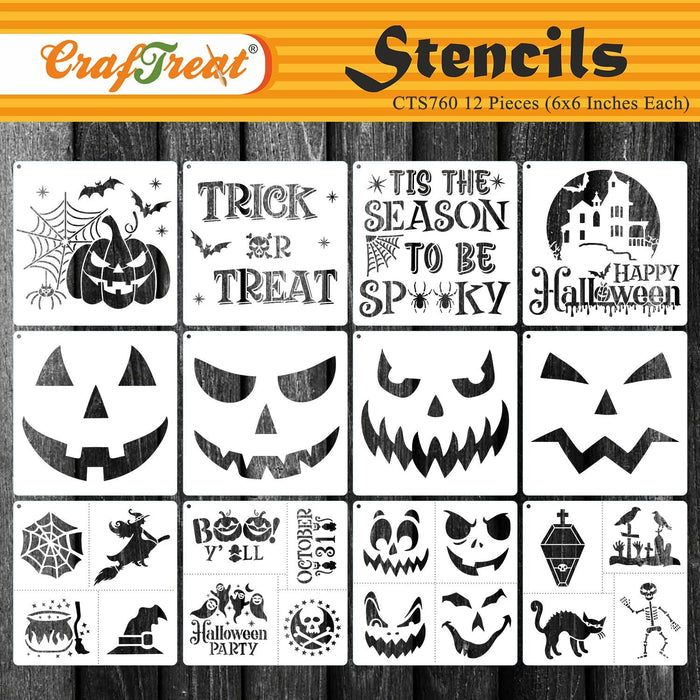 CrafTreat　for　decorations,　12　Canvas,　carving　Halloween　Stencils　for　for　Pcs　pumpkin　Halloween　Crafts　Skull　Painting　Furniture,　Bat　on　ideas　Wood,　halloween　and　Stencils　Pumpkin　Face　Halloween　Stencil　6x6Inches　—