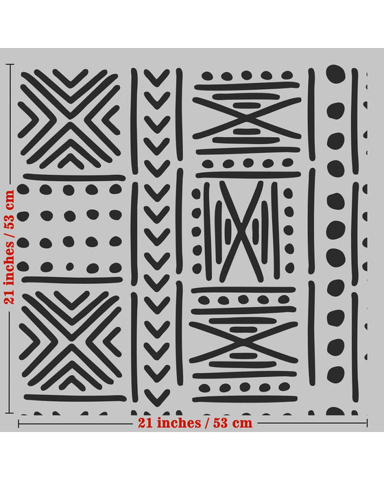 CrafTreat African Mud Cloth Stencil for Walls, African Pattern Stencil For Paintings| Geometric Large Wall Stencil | African DIY Wall Decor | Tribal Wall Stencil 23x23